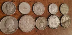 10 OLD WORLD SILVER & USA COIN LOT - EARLY 1922-1967 ALL SILVER WW2 - FAST SHIP