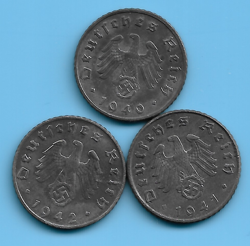 GERMANY THIRD REICH 1940 1941 1942 5 RPF SWASTIKA EAGLE COIN SET LOT WW2 ERA #10