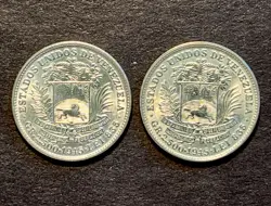2 SILVER 1/2 BOLIVAR 1945 WORLD WAR 2 VENEZUELA COINS UNCIRCULATED