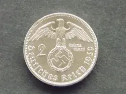 GERMAN 2 REICHSMARK 1939 A HINDENBURG SWASTIKA SILVER COIN 3RD WW2 RARE MARK UNC