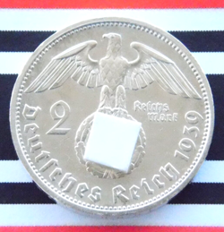 GERMAN 2 REICHSMARK 1939 F HINDENBURG SILVER COIN 3RD THIRD REICH WW2 + BU MARK