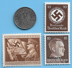 GERMANY WW2 1942 A 5 RPF SWASTIKA COIN & HITLER SWASTIKA STAMP LOT WW2 ERA #12