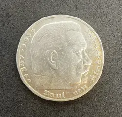 1937 D WW2 GERMAN 5 REICHSMARK COIN, THIRD REICH, VON HINDENBURG, SWASTIKA