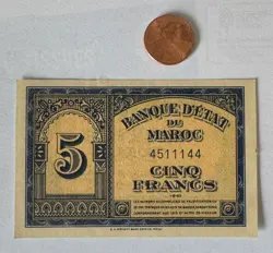 BANQUE D'ETAT DU MAROC CINQ FRANCS 1943 WORLD WAR 2 ERA BANK NOTE