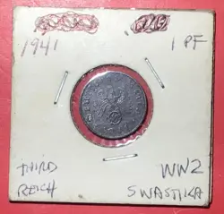 1941 GERMANY THIRD REICH SWASTIKA WORLD WAR 2! SWASTIKA! 1 PFENNIG! OLD COIN!
