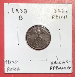 1938B GERMANY THIRD REICH SWASTIKA WORLD WAR 2! SWASTIKA! 1 PFENNIG! LOW MINTAGE