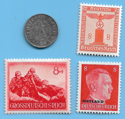 GERMANY WW2 1942 G 1 RPF SWASTIKA COIN & HITLER SWASTIKA STAMP LOT WW2 ERA #8