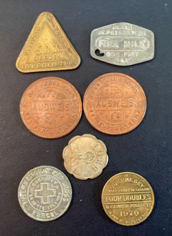 7 X WW2 TOKENS - JERSEY GUERNSEY RED CROSS, CINEMA 1941, REICHMARKS, BROT, MILK,