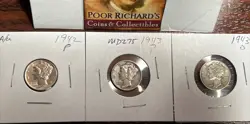 3 DIFF. WW2 ERA SILVER MERCURY DIMES. 1942P, 1943P & 1943D AS SHOWN. MD275