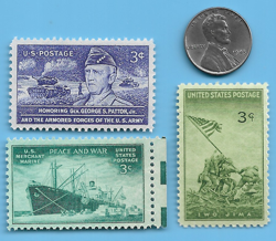 US WW2 1943 P STEEL PENNY & IWO JIMA MARINES PATTON STAMP LOT MNH WW2 ERA   #99