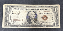 1935-A HAWAII $1 SILVER CERT. - WW2 EMERGENCY BILL  - AUTOGRAPHED BY ERNIE PYLE