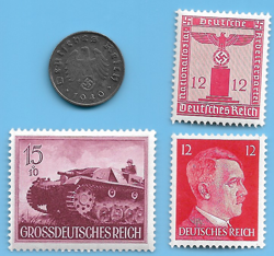 GERMANY WW2 1940 D 1 RPF SWASTIKA COIN & HITLER SWASTIKA STAMP LOT WW2 ERA #18