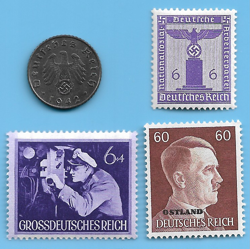 GERMANY WW2 1942 A 5 RPF SWASTIKA COIN & HITLER SWASTIKA STAMP LOT WW2 ERA #20