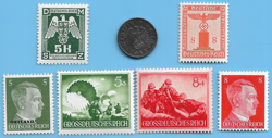 GERMANY WW2 1941 D 1 RPF SWASTIKA COIN & HITLER SWASTIKA STAMP LOT WW2 ERA #20