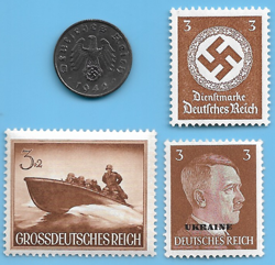 GERMANY WW2 1942 A 1 RPF SWASTIKA COIN & HITLER SWASTIKA STAMP LOT WW2 ERA #20