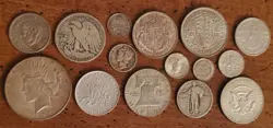 15 OLD WORLD SILVER & USA COIN LOT - EARLY 1918-1968 ALL SILVER WW2 PEACE DOLLAR