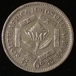 1940 SOUTH AFRICA SILVER SIXPENCE (6P), KING GEORGE VI, WW2