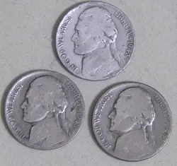 WORLD WAR 2 UNITED STATES STEEL NICKELS 35% SILVER 1943P, 1944P, 1945P