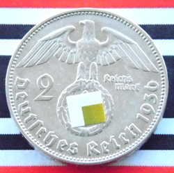 GERMAN 2 REICHSMARK 1936 J SWASTIKA HINDENBURG SILVER COIN 3RD REICH WW2 MARK