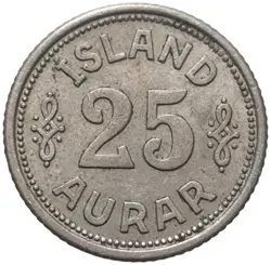 KINGDOM OF ICELAND 25 AURAR COIN WW2 CHRISTIAN X COPPER NICKEL 1940