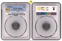 ** PCGS MS65 ** 1 PFENNIG 1944 D SWASTIKA GERMANY THIRD REICH J-369 COIN WW2 PFG