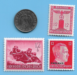 GERMANY WW2 1940 G 5 RPF SWASTIKA COIN & HITLER SWASTIKA STAMP LOT WW2 ERA #15