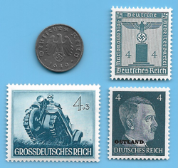 GERMANY WW2 1940 A 1 RPF SWASTIKA COIN & HITLER SWASTIKA STAMP LOT WW2 ERA #26