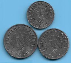 GERMANY THIRD REICH 1940 A 1,5,10 RPF SWASTIKA EAGLE COIN SET LOT WW2 ERA #30