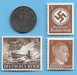 GERMANY WW2 1940 A 10 RPF SWASTIKA COIN & HITLER SWASTIKA STAMP LOT WW2 ERA #30