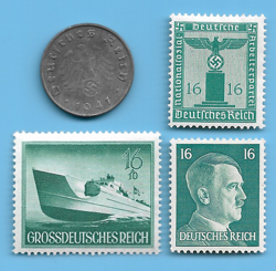 GERMANY WW2 1941 D 10 RPF SWASTIKA COIN & HITLER SWASTIKA STAMP LOT WW2 ERA #30