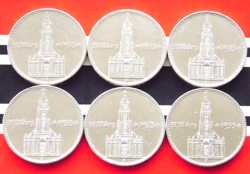 GERMAN COIN 6X 2 REICHSMARK 1934 A D E F G J CHURCH SWASTIKA DATE SILVER WW2 SET