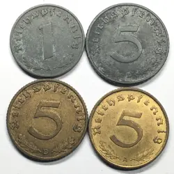 NAZI GERMAN THIRD REICH WW2 LOT OF 4 COINS (3) 5 PFENNIG AND (1) 1 PFENNIG 5X25