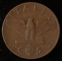 1939 ITALY 5 CENTESIMI, KING VICTOR EMMANUEL 3, WORLD WAR 2