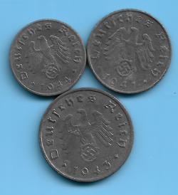 GERMAN THIRD REICH 1941 1943 1944 1,5,10 RPF SWASTIKA EAGLE COIN LOT WW2 ERA #32