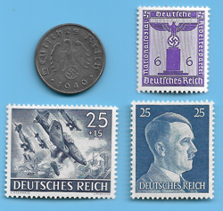 GERMANY WW2 1940 D 10 RPF SWASTIKA COIN & HITLER SWASTIKA STAMP LOT WW2 ERA #32