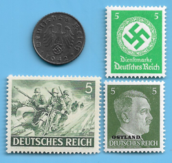 GERMANY WW2 1942 A 5 RPF SWASTIKA COIN & HITLER SWASTIKA STAMP LOT WW2 ERA #38