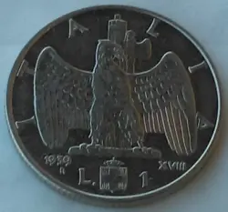 1 LIRA 1939 R - VITTORIO EMANUELE III, WW2 COIN ITALY, FASCIST EAGLE ITALIA