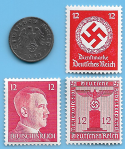 GERMANY WW2 1941 A 1 RPF SWASTIKA COIN & HITLER SWASTIKA STAMP LOT WW2 ERA #38