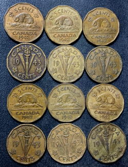 OLD CANADA COIN LOT - TOMBAC WW2 TYPE - 12 EXCELLENT COINS - LOT #J8