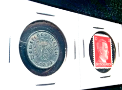 #1 NAZI DEAL! LARGEST WW2 PFENNIG SWASTIKA COIN(S) + MINT UNCANC HITLER STAMP(S)