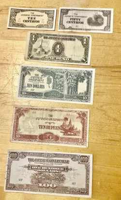 WW2 OCCUPATION JAPANESE INVASION MONEY, LOT OF SIX DIFFERENT NOTES