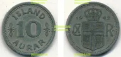 ICELAND 10 AURAR 1942 WW2 16MM ZINC COIN KM1A