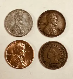 4 US COINS - INDIAN HEAD PENNY-WW2 STEEL CENT LINCOLN WHEAT CENT-CIRCULATED/BU#0