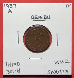 1937A GERMANY THIRD REICH SWASTIKA WORLD WAR 2! 1 PFENNIG! OLD COIN!