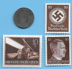 GERMANY WW2 1941 A 10 RPF SWASTIKA COIN & HITLER SWASTIKA STAMP LOT WW2 ERA #40