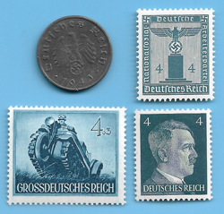 GERMANY WW2 1943 F 10 RPF SWASTIKA COIN & HITLER SWASTIKA STAMP LOT WW2 ERA #40