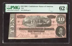 1864 $10 T-68 CONFEDERATE STATES OF AMERICA NOTE - PMG 62 EPQ-SEE STORE WW2 MEDA