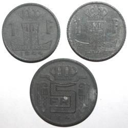 LOT 3 BELGIAN WWII GERMAN OCCUPATION COINS 1941 1944 1945 BELGIUM WORLD WAR 2