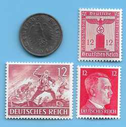 GERMANY WW2 1942 G 10 RPF SWASTIKA COIN & HITLER SWASTIKA STAMP LOT WW2 ERA #44