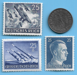 GERMANY WW2 1941 E 10 RPF SWASTIKA COIN & HITLER SWASTIKA STAMP LOT WW2 ERA #44